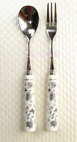 韩国进口厨美餐具TOPMATE蝴蝶灰骨瓷柄不锈钢咖啡搅拌勺水果叉2P