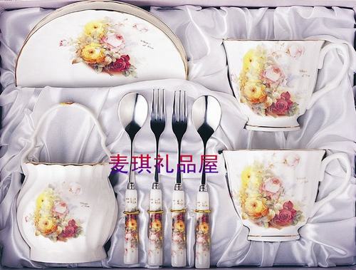 韩国进口厨美餐具礼品结婚礼物意大利玫瑰咖啡杯套装9P礼盒