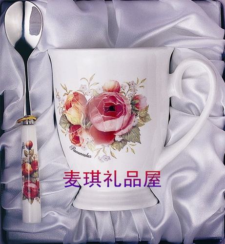 韩国进口TOPMATE厨美餐具结婚礼物礼品骨瓷玫瑰水杯带勺