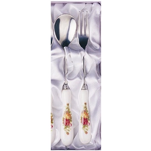韩国进口餐具 TOPMATE结婚礼物瓷柄不锈钢咖啡勺水果叉2P皇室玫瑰