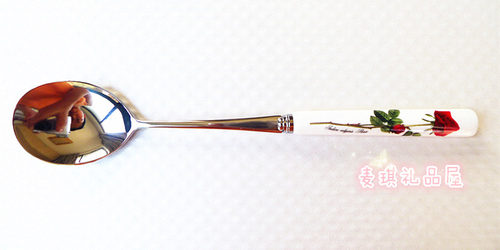 韩国厨美餐具 进口优质 陶瓷柄红玫瑰加厚不锈钢大头勺子饭勺汤勺