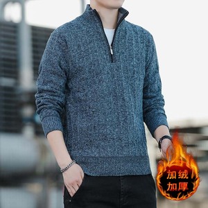 6919P33拉链半高领毛衣男士2026秋冬季潮流百搭加厚打底针织衫男,深绿色毛衣开衫搭配下半身图片