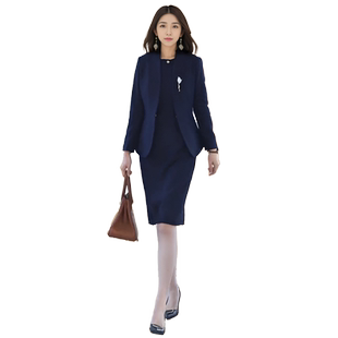 韩茗雅西装外套女藏青色连衣裙主持人工作服套装OL高级感名媛西服