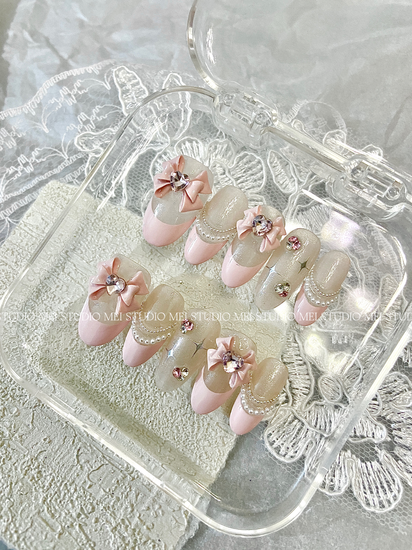 公主｜粉色蝴蝶结法式少女心可爱美甲纯手工定制穿戴甲片成品实拍