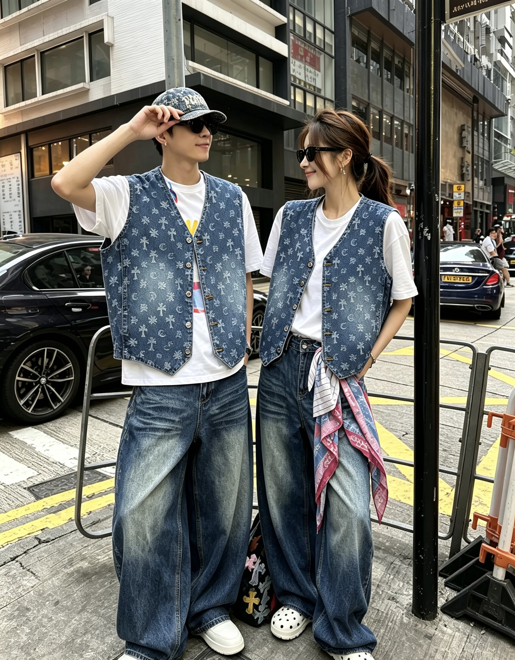 春秋新款男女情侣款时尚套装潮牌重工牛仔马甲背心宽男士牛仔上衣