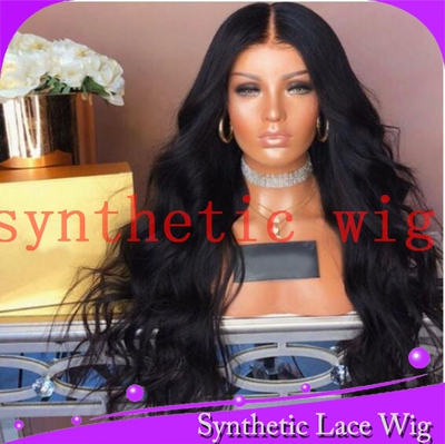 黑色/深棕色时尚卷蕾丝整顶假发synthetic glueless wig中分刘海