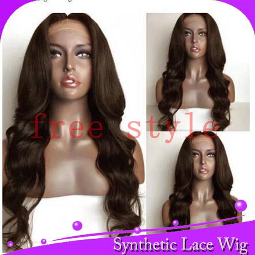 棕色/黑色大卷中分wavy synthetic lace front wig glueless60cm