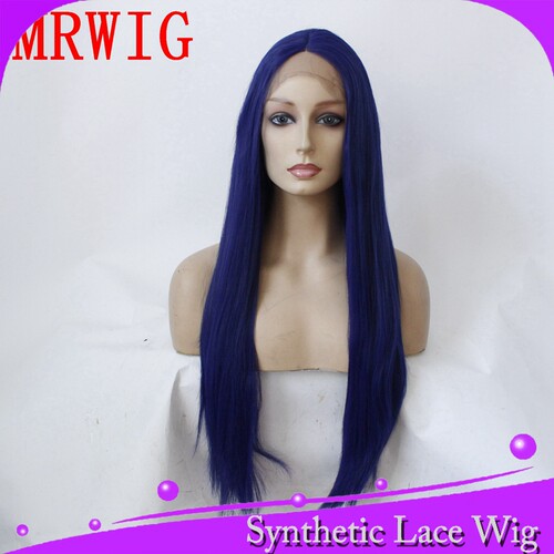 蓝色中分刘海顺直blue synthetic lace wig化纤蕾丝假发头套