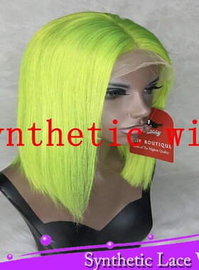 定做短波短荧光绿中分齐肩发BOBO头蕾丝整顶假发synthetic wig