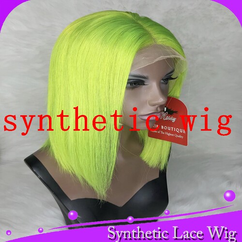 定做短波短荧光绿中分齐肩发BOBO头蕾丝整顶假发synthetic wig