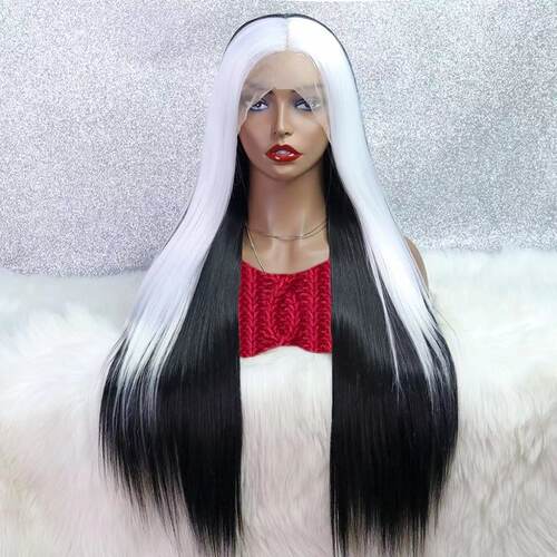 定做款白色顺直直发黑色前蕾丝整顶假发synthetic front lace wig