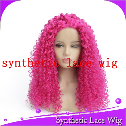 玫红色中分小卷蕾丝整顶假发synthetic lace wig kinky curly