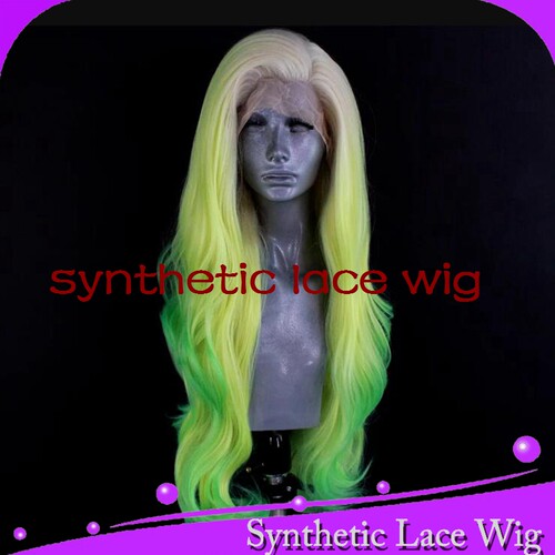 定做金色渐变黄色/绿色左分大卷前蕾丝整顶假发头套wavy hair wig