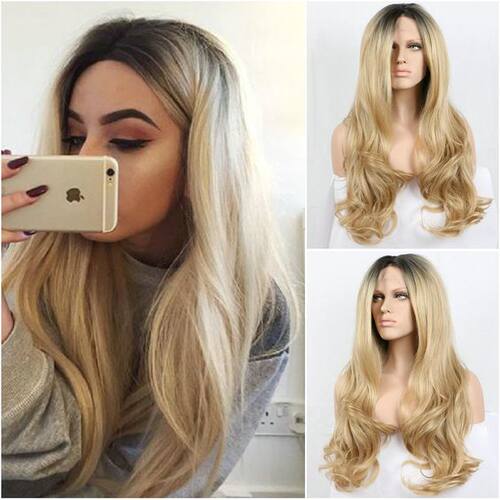 渐变金色#27自然波中分synthetic front lace wig ombre wavy中分