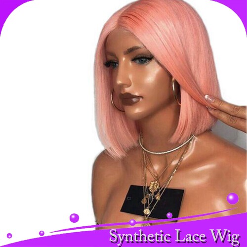短波波齐肩发中分新粉front lace wig synthetic高温丝整顶女假发