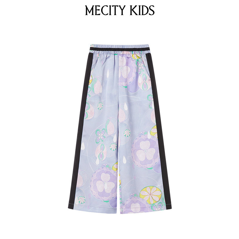 mecity kids童装夏女童撞色拼接休闲梭织长裤宽松舒适百搭裤子