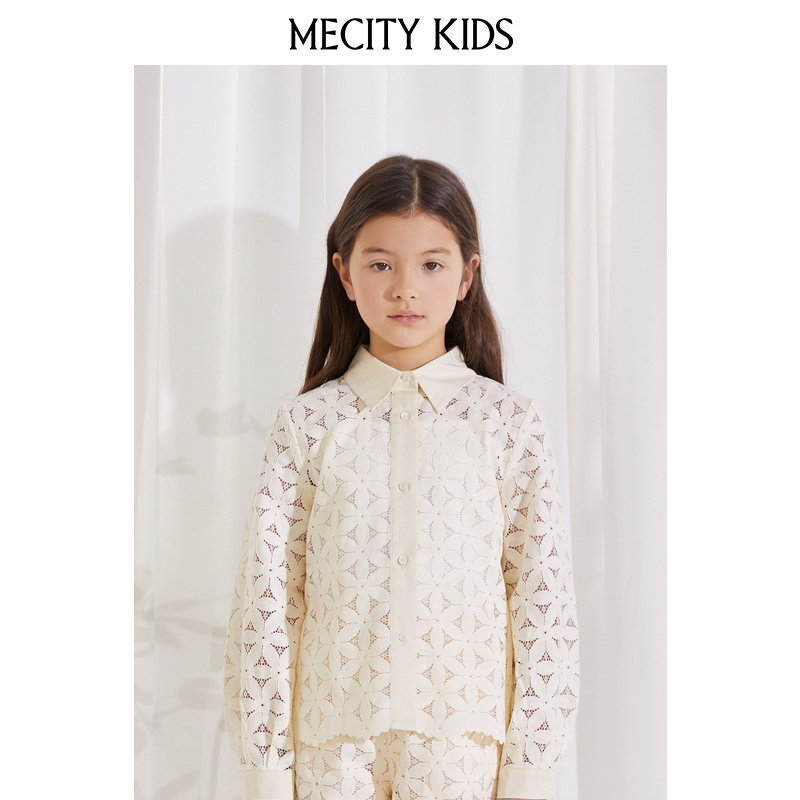 mecity kids童装夏季女童镂空绣花长袖衬衫两件套