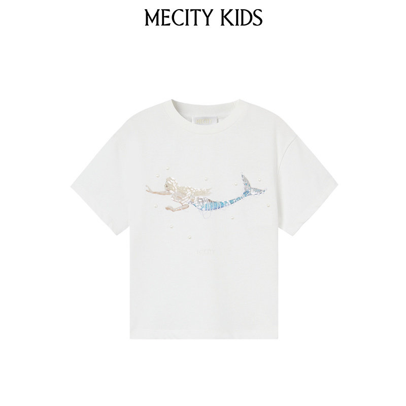mecity kids童装夏女童美人鱼印花针织短袖恤504533