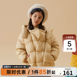 moomoo童装女童短款连帽羽绒服冬新款儿童保暖围脖双排扣羽绒短款