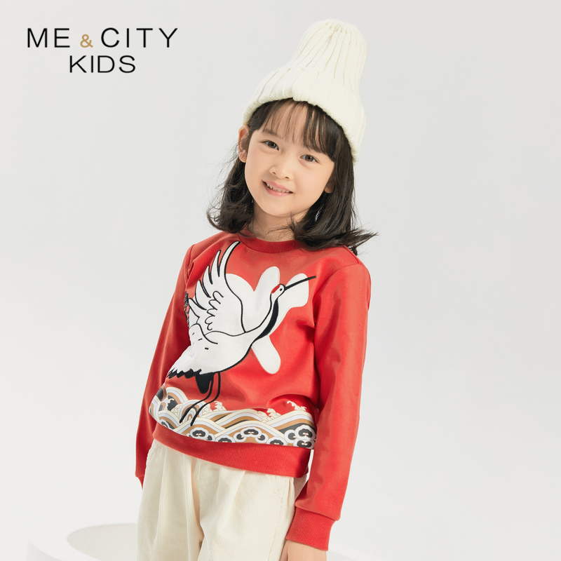 MECITY童装春季女童“鹤”休闲时尚可爱卫衣精致柔软亲肤上衣女