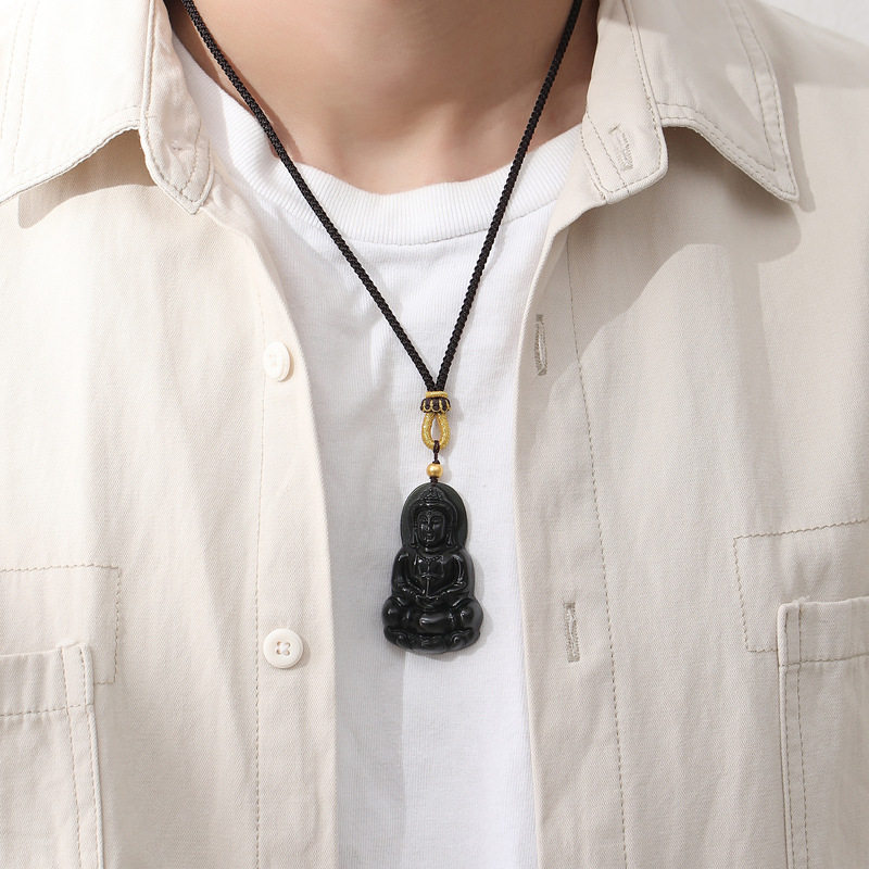 乔木记 严选 天 然塔青和田玉观音吊坠999足金编绳项链男生国潮风