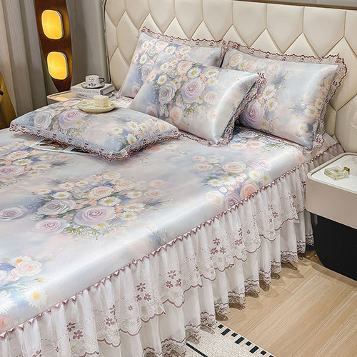 夏季新款冰丝席三件套床裙款蕾丝花边可机洗折叠1.8米床笠空调凉