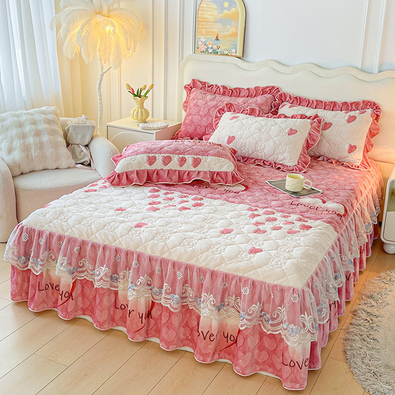 冬季夹棉牛奶绒床裙单件蕾丝边1.5米1.8x2.0冬天床罩珊瑚法兰绒毛