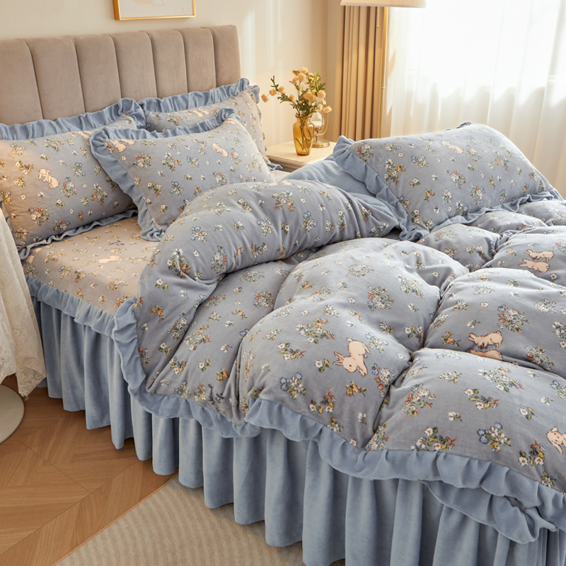 公主风牛奶绒床裙四件套冬季