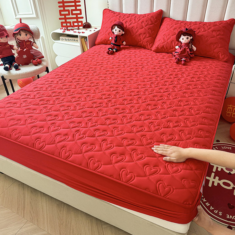 A类高档结婚庆全棉床笠单件大红色纯棉床垫保护套四季通用床笠罩