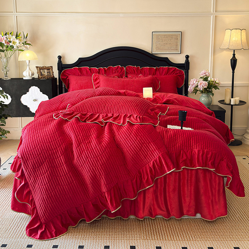 结婚牛奶婴儿绒床裙款四件套大色全套夹棉加厚被套婚乔迁床上用品