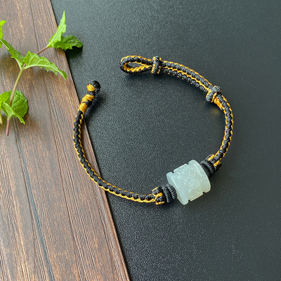 天然翡翠六字箴言珠珠手绳手工编织转运桶珠手链绳莲花结黑金色