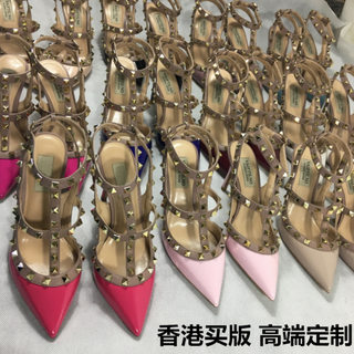 华家两环搭扣尖头细跟柳丁凉鞋女大码41-43婚鞋牛皮v家铆钉高跟鞋