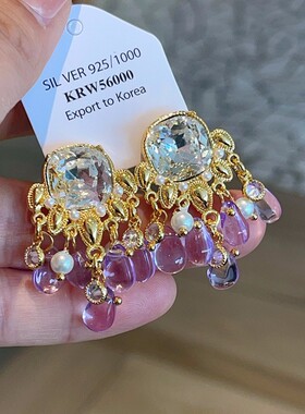 中古风紫色水滴耳环vintage重工宝石电镀18K金复古流苏耳饰品