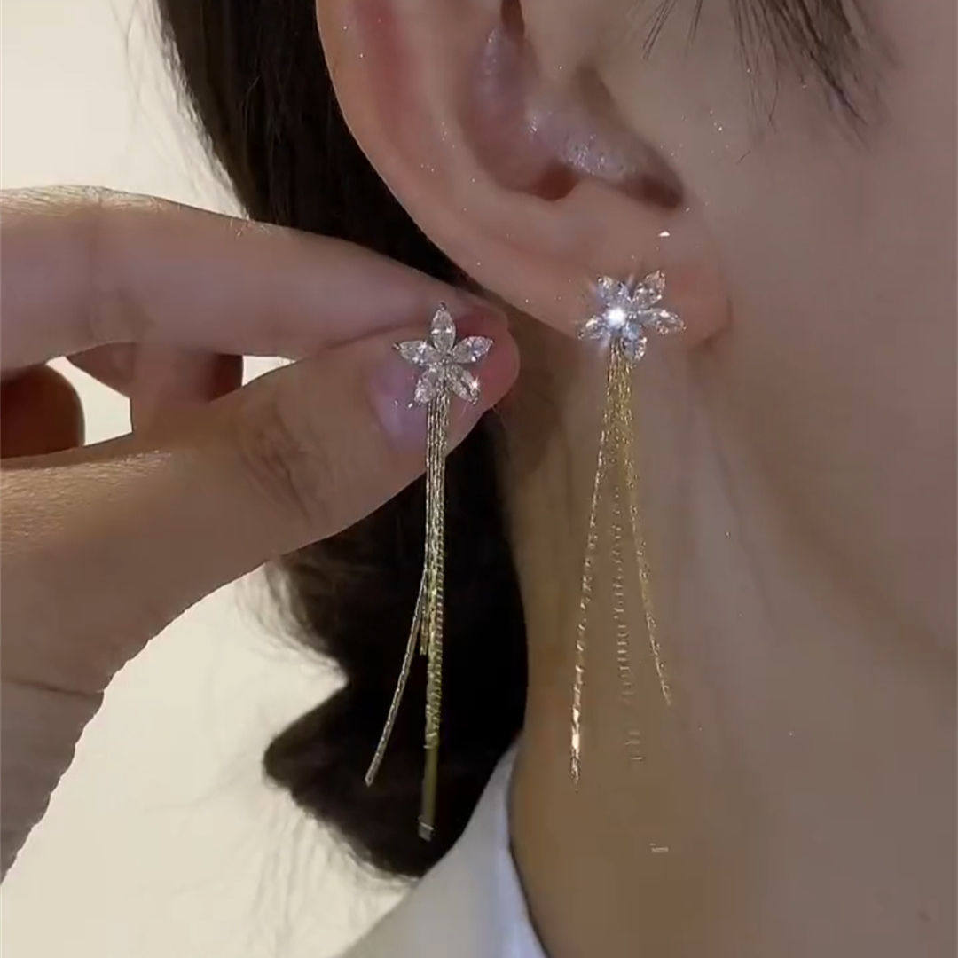 金色长款锆石花流苏耳线耳环女修饰脸型网红百搭耳饰2023新款耳坠