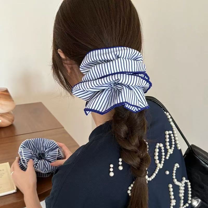 韩式蓝色条纹双层大肠发圈女时尚低马尾发绳学院风头绳皮筋头饰品