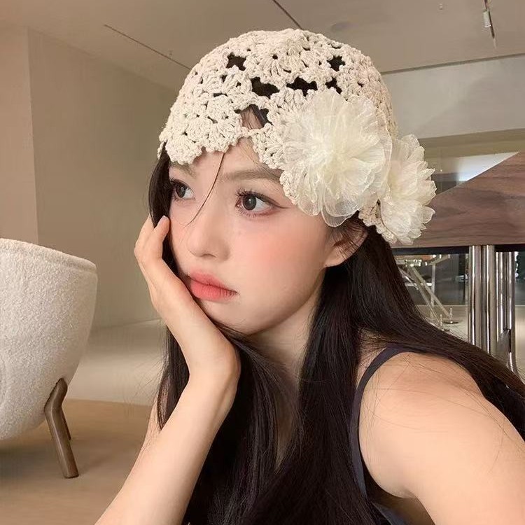 甜美百搭镂空花朵包头帽女春夏季薄款时尚钩花编织套头帽子毛线帽