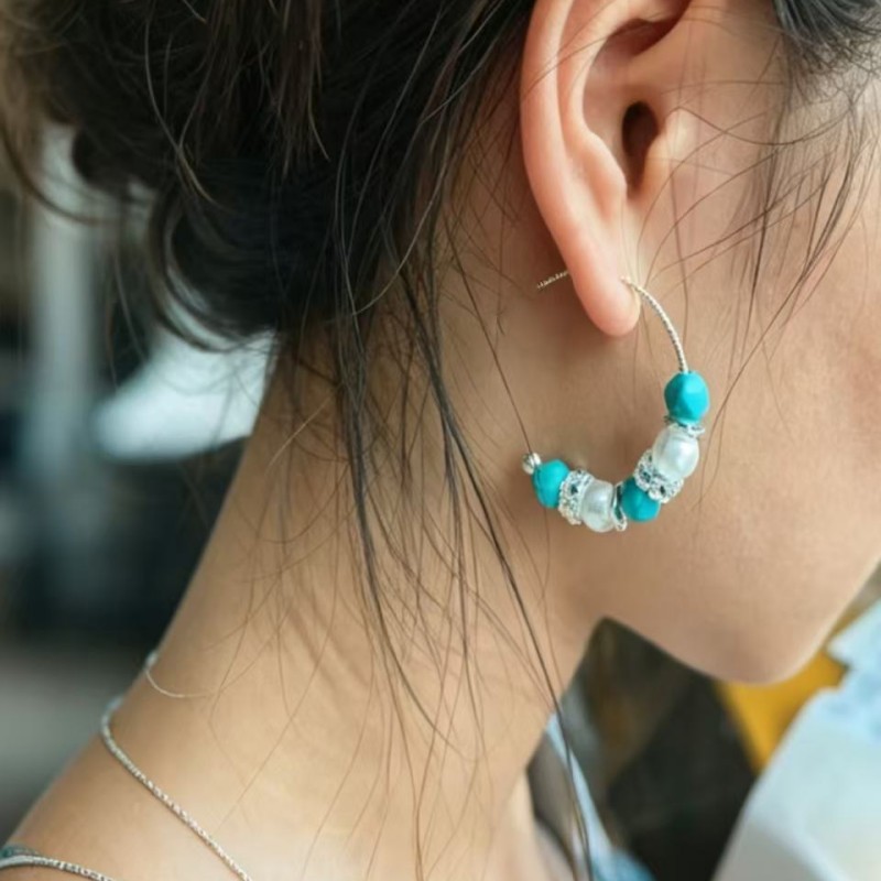 元气少女氛围感湖蓝松石珍珠耳圈女碎钻点缀半圆C形耳环百搭耳饰
