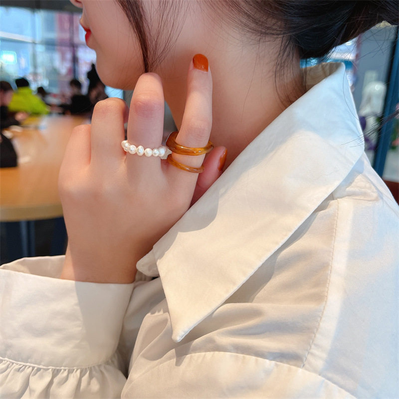 韩版彩色水晶哑银戒指异形冷淡风素圈指环个性复古树脂食指戒套戒