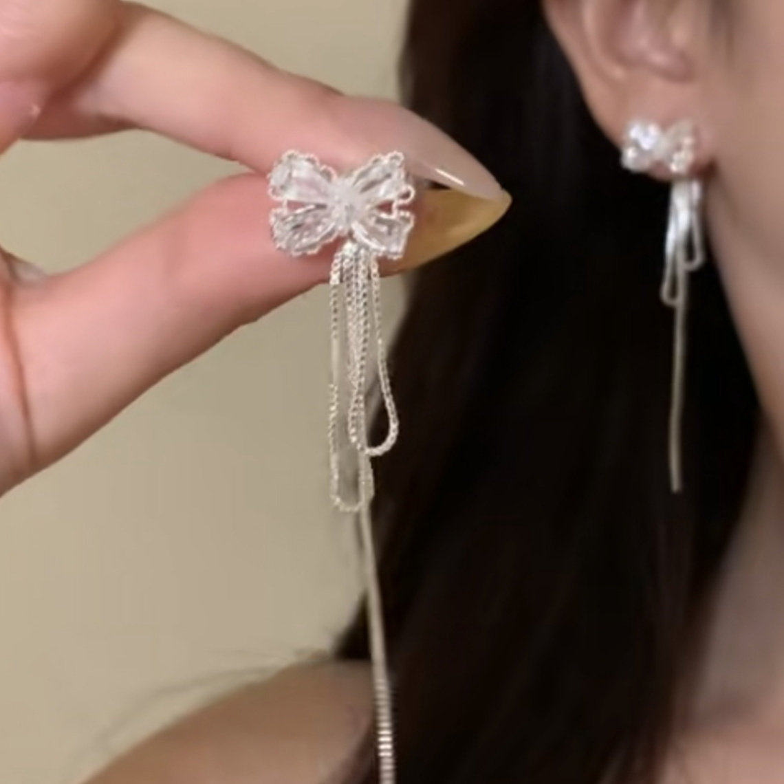 长款气质蕾丝蝴蝶结流苏后挂耳钉耳环女气质两戴设计感日韩配饰