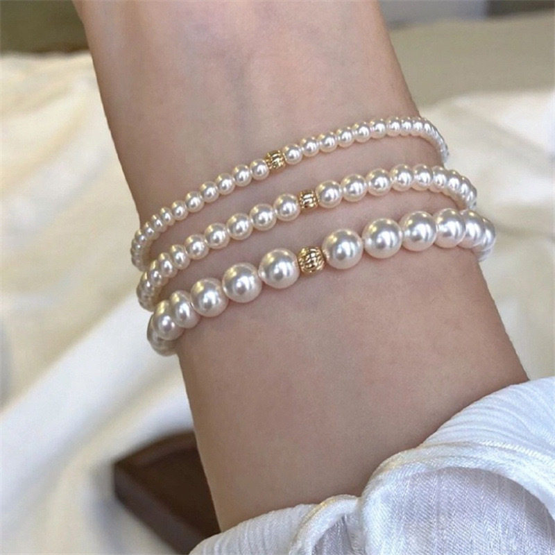 925银手链正圆强光珍珠手链女夏季珠弹力绳金珠网红fever博主手串