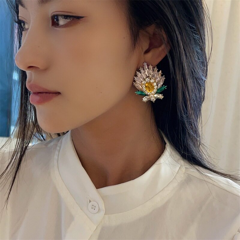 港风孔雀开屏粉色耳环璀璨重工耳坠轻奢个性独特气质满镶花朵耳饰
