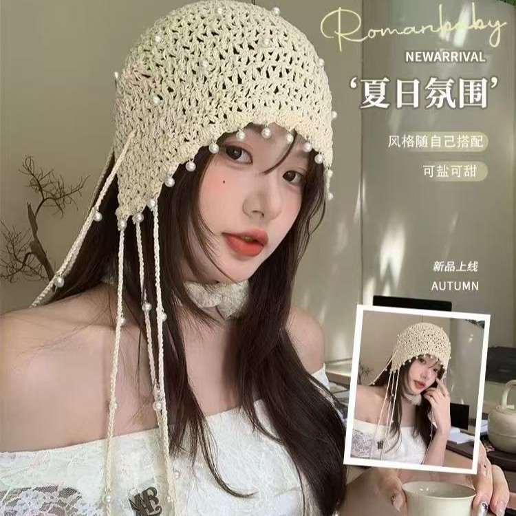 镂空珍珠吊坠手工包头帽子女名族风针织套头帽复古大头围堆堆帽