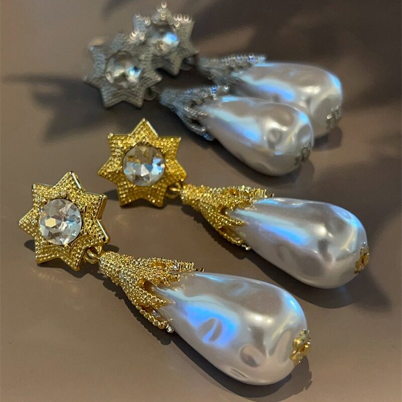 法式中古风芒星星水滴珍珠耳环女高级感轻奢小众气质长耳坠耳饰品