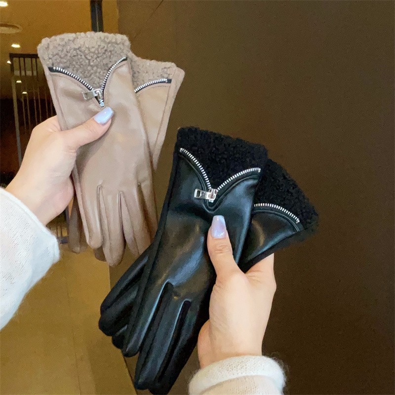 小香风拉链款皮质保暖手套女冬季加绒加厚骑行防风防寒手套可触屏