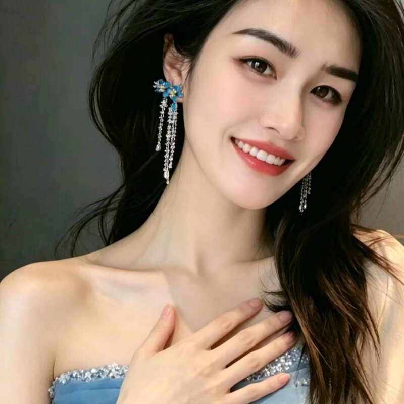 重工微镶锆石冰川蓝雏菊花朵长耳环走秀红毯长流苏银针长耳坠耳饰