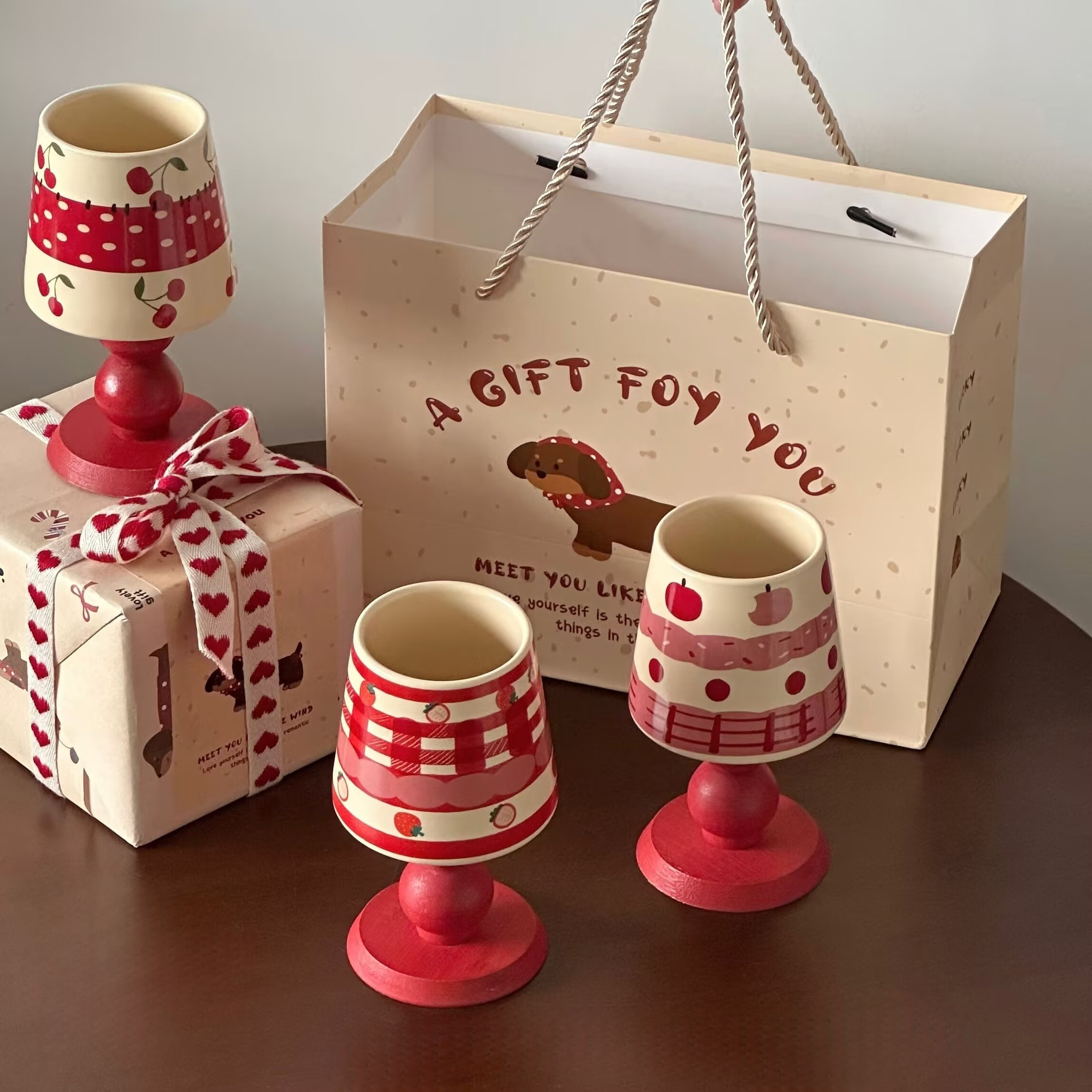 礼物包装结婚伴手礼木质圣诞红水果系列烛台陶瓷高脚杯水杯礼盒