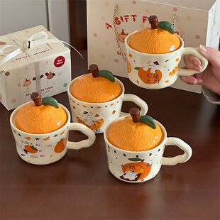 手工包装礼物送女生陶瓷带盖水杯大吉大利可爱猫猫下午茶日用水杯