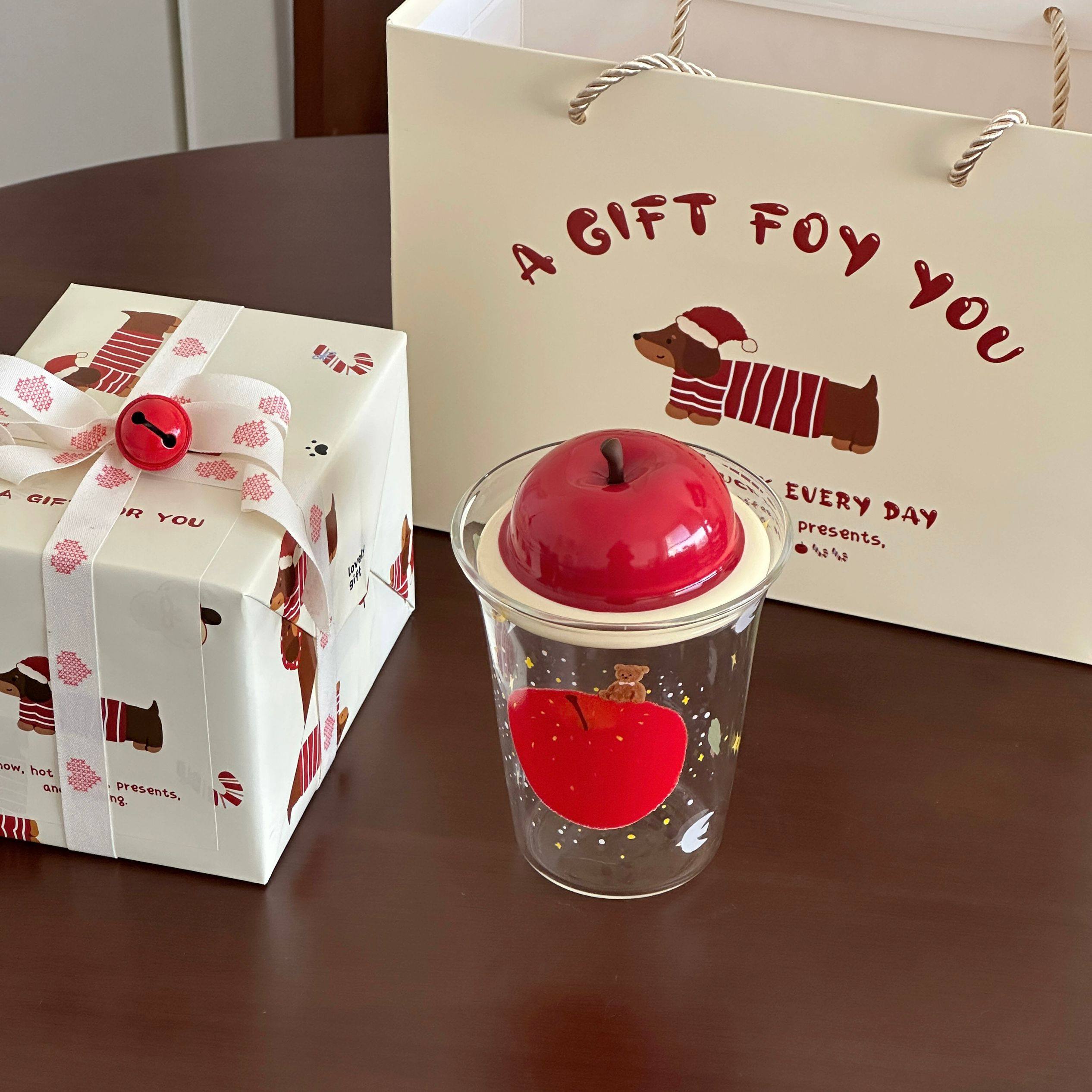 圣诞礼物送女生可爱苹果玻璃杯家用高硼硅大容量吸管情侣杯伴手礼