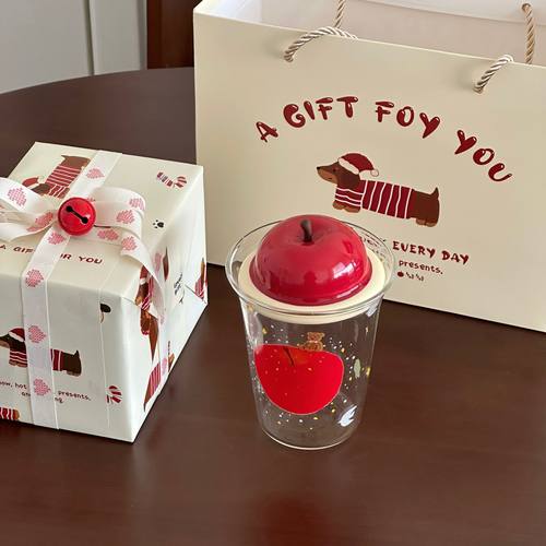 圣诞礼物送女生可爱苹果玻璃杯家用高硼硅大容量吸管情侣杯伴手礼