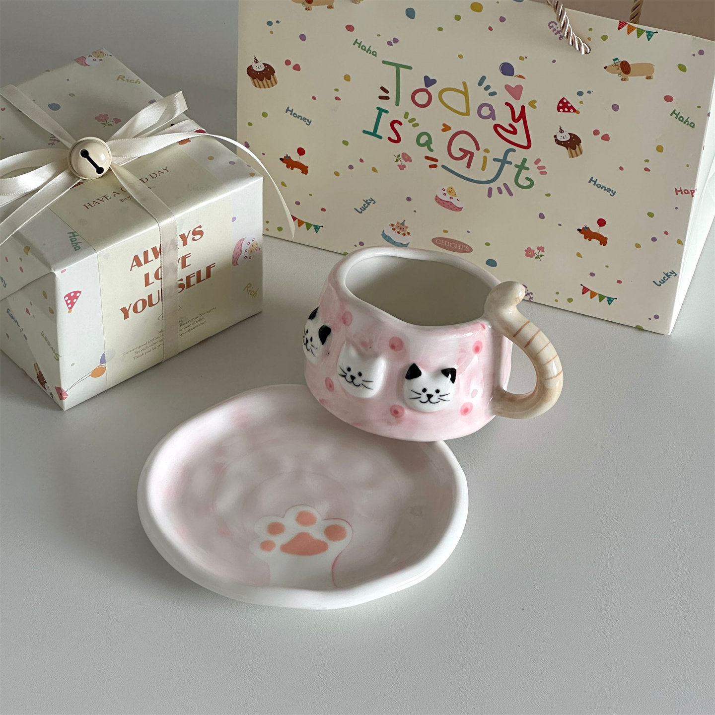 新年礼物送朋友ins手作不规则猫咪釉下彩下午茶陶瓷杯碟伴手礼盒,餐饮具,马克杯,淘宝优惠券,粉丝福利购,淘宝优惠卷